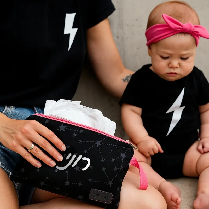 נרתיק החתלה/ לעגלה - שחור כוכבים (ורוד). ניתן להוסיף שם